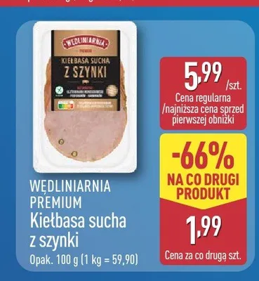 Kiełbasa sucha z szynki Wędliniarnia Premium promocja w Aldi