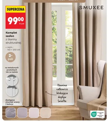 Komplet zasłon z tkaniny strukturalnej Smukee 2-pak promocja w Biedronka