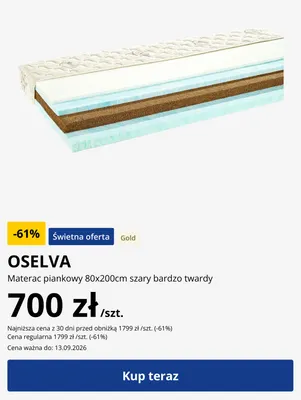 Materac piankowy Oselva 80x200 cm szary bardzo twardy promocja w Jysk