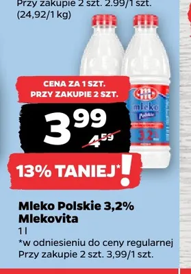 Mleko Polskie Mlekovita 3,2% promocja w Netto