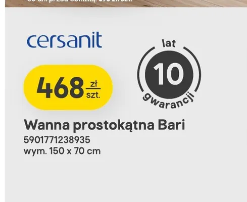 Wanna prostokątna Cersanit Bari 150x70 cm promocja w Castorama
