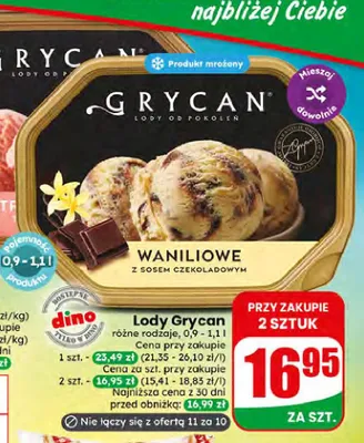 Lody Grycan waniliowe z sosem czekoladowym promocja w Dino