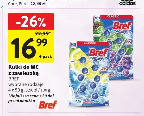 Kulki do WC z zawieszką Bref Power Aktiv Lemon 4-pak promocja w Intermarche