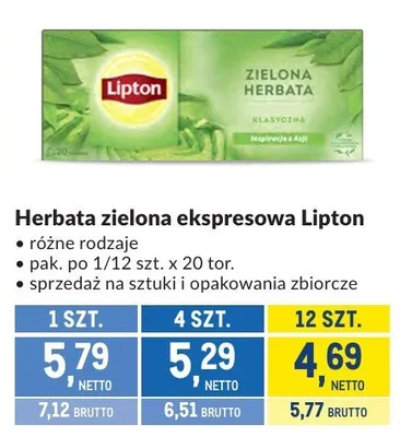 Herbata zielona ekspresowa Lipton różne rodzaje promocja w Makro