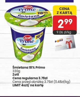 Śmietana 18% Zott Primo promocja w Market Point
