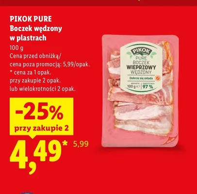 Boczek wędzony w plastrach Pikok Pure promocja w Lidl