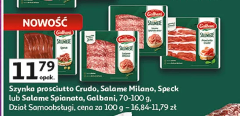 Szynka prosciutto crudo, salame milano, speck lub salame spianata dział samoobsługi promocja w Auchan