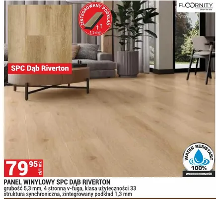 Panel winylowy SPC Dąb Riverton grubość 5,3mm 4 stronna v-fuga klasa użyteczności 33 struktura synchroniczna zintegrowany podkład 1,3mm Floornity promocja w Merkury Market