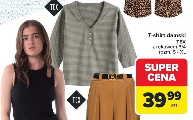T-shirt damski TEX z rękawem 3/4 rozm. S - XL promocja w Carrefour