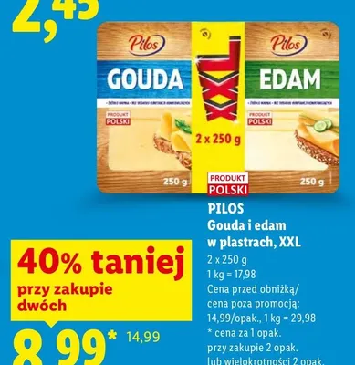 Ser Gouda w plastrach Pilos XXL 2-pak promocja w Lidl