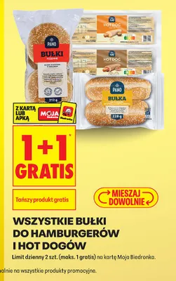 Wszystkie bułki do hamburgerów i hot dogów 1+1 GRATIS promocja w Biedronka