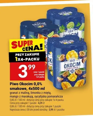Piwo bezalkoholowe Okocim 0,0% smakowe limonka z miętą 4-pak 500ml promocja w Twój Market