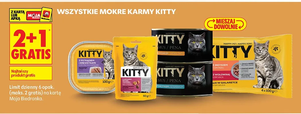 Wszystkie karmy mokre marki Kitty 2+1 GRATIS promocja w Biedronka