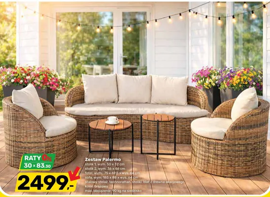 Zestaw ogrodowy Palermo stolik 50x32cm stolik 36x46cm fotel 75x69,5x64cm sofa 185x88x64cm kolor brązowy promocja w Bricomarche