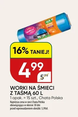 Worki na śmieci z taśmą 60 l Chata Polska 15-pak promocja w Chata Polska