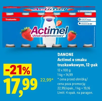 Actimel o smaku truskawkowym 12-pak Danone promocja w Lidl