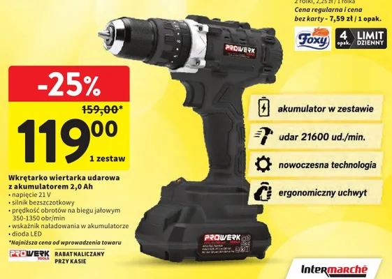 Wkrętarko wiertarka udarowa z akumulatorem Prowerk promocja w Intermarche