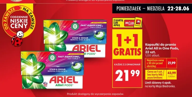 Kapsułki do prania Ariel All in One Pods Color promocja w Biedronka