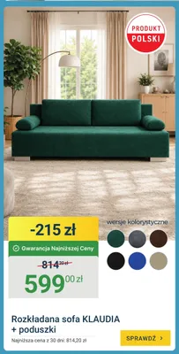 Sofa rozkładana KLAUDIA z poduszkami promocja w ERLI