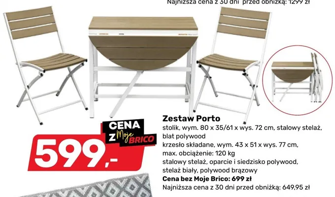 Zestaw Porto stolik 80x35/61x72cm krzesło składane stalowy stelaż polywood promocja w Bricomarche