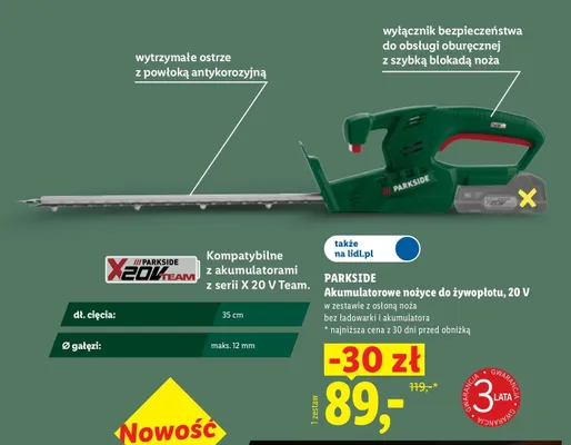 Akumulatorowe nożyce do żywopłotu PARKSIDE promocja w Lidl