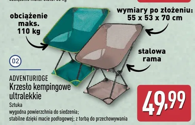 Krzesło kempingowe ultralekkie ADVENTURIDGE promocja w Aldi