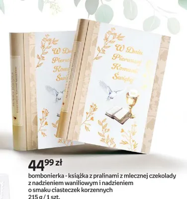 Bombonierka książka z pralinami z mlecznej czekolady z nadzieniem waniliowym i nadzieniem o smaku ciasteczek korzennych Chocolate Message promocja w Empik