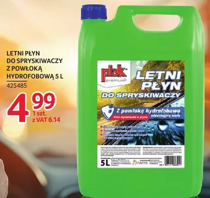 Płyn letni do spryskiwaczy Plak Premium z powłoką hydrofobową 5L promocja w Selgros