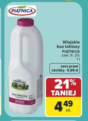 Mleko świeże bez laktozy Piątnica Wiejskie promocja w Carrefour