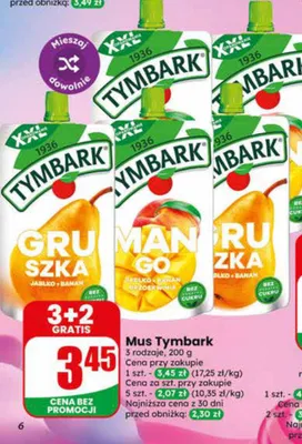 Mus Tymbark Gruszka Jabłko Banan bez dodatku cukru promocja w Dino