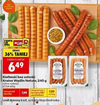 Kiełbaski z filetem z kurczaka bez osłonki Kraina Wędlin Nature promocja w Biedronka