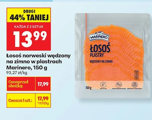 Łosoś norweski wędzony na zimno w plastrach Marinero promocja w Biedronka