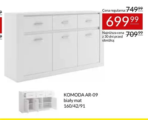 Komoda AR-09 Arti biały mat 160/42/91 promocja w Abra Meble
