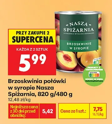 Brzoskwinie w syropie Nasza Spiżarnia 820 g/480 g promocja w Biedronka