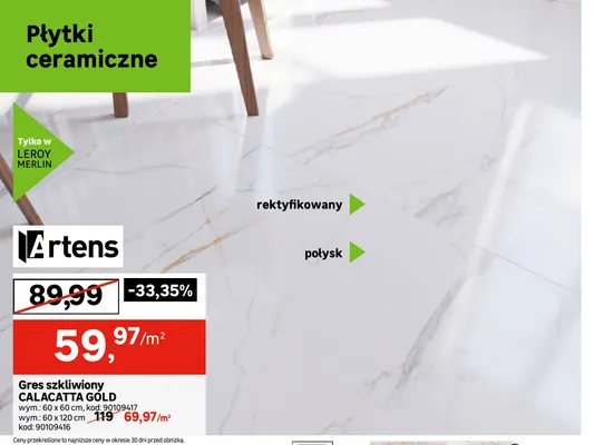 Gres szkliwiony Calacatta Gold 60x60 cm Artens promocja w Leroy Merlin