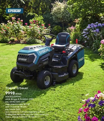 Traktor silnik Briggs & Stratton 31R5 poj. silnika 500cm³ moc znamionowa 10kW szer. koszenia 98cm poj. kosza 240l wys. koszenia 7 stopni regulacji 3-9cm 5-biegowa skrzynia ręczna i bieg wsteczny maks. obszar roboczy do 4500m² promocja w Castorama