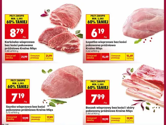 Szynka wieprzowa bez kości pakowana próżniowo Kraina Mięs promocja w Biedronka