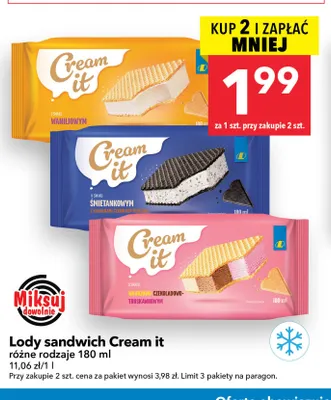 Lody sandwich Cream it o smaku waniliowym promocja w LEWIATAN