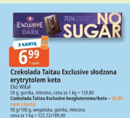 Czekolada Taitau Exclusive słodzona erytrytelem keto promocja w Leclerc