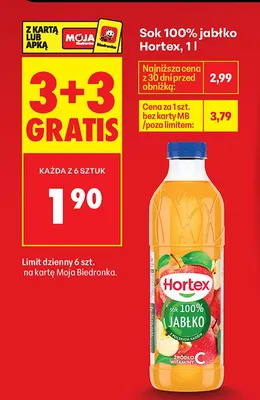 Sok 100% jabłko 3+3 GRATIS promocja w Biedronka