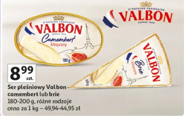 Ser pleśniowy Valbon camembert lub brie różne rodzaje promocja w Auchan