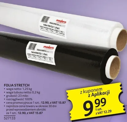 Folia stretch waga netto 1,25 kg waga brutto 0,2 kg szerokość 100% rozciągliwość 100% promocja w Selgros