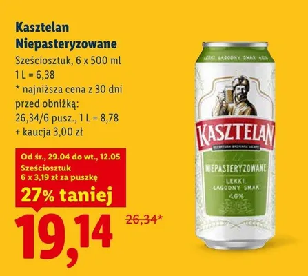Piwo Kasztelan Niepasteryzowane sześciosztuk promocja w Lidl