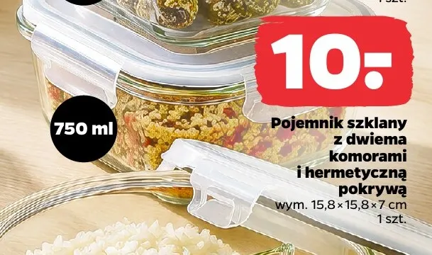 Pojemnik szklany z dwiema komorami i hermetyczną pokrywą Fresh 750 ml promocja w Netto