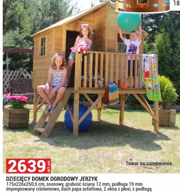 Dziecięcy domek ogrodowy Jerzyk 175x226x250,5cm sosnowy promocja w Merkury Market
