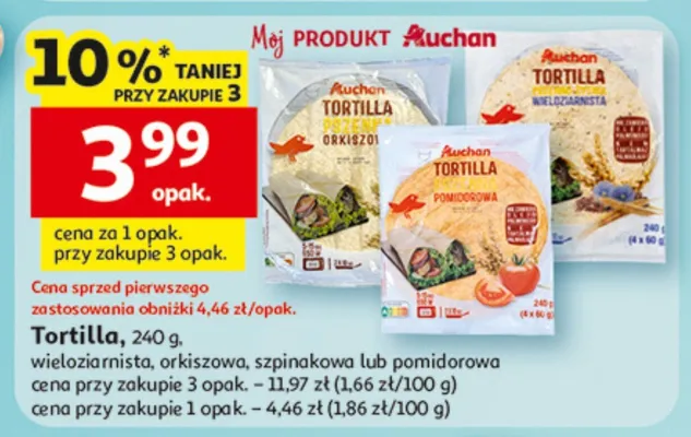 Tortilla wieloziarnista, orkiszowa, szpinakowa lub pomidorowa promocja w Auchan