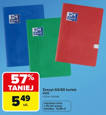 Zeszyt A5/60 kartek Esse Oxford promocja w Carrefour