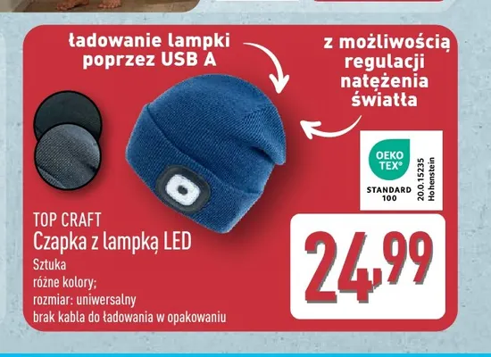 Czapka z lampką LED Top Craft promocja w Aldi