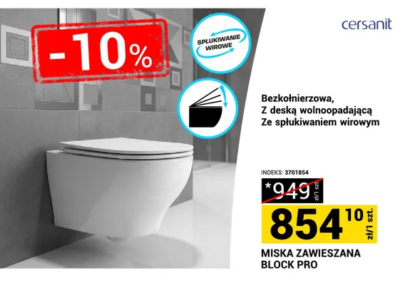 Miska zawieszana Block Pro Cersanit bezkołnierzowa z deską wolnoopadającą ze spłukiwaniem wirowym promocja w Merkury Market