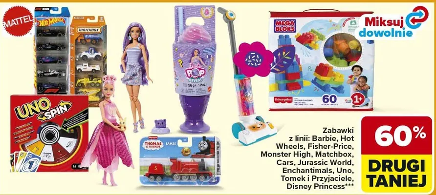 Zabawki z linii: Barbie, Hot Wheels, Fisher-Price, Monster High, Matchbox, Cars, Jurassic World, Enchantimals, Uno, Tomek i Przyjaciele, Disney Princess promocja w Carrefour
